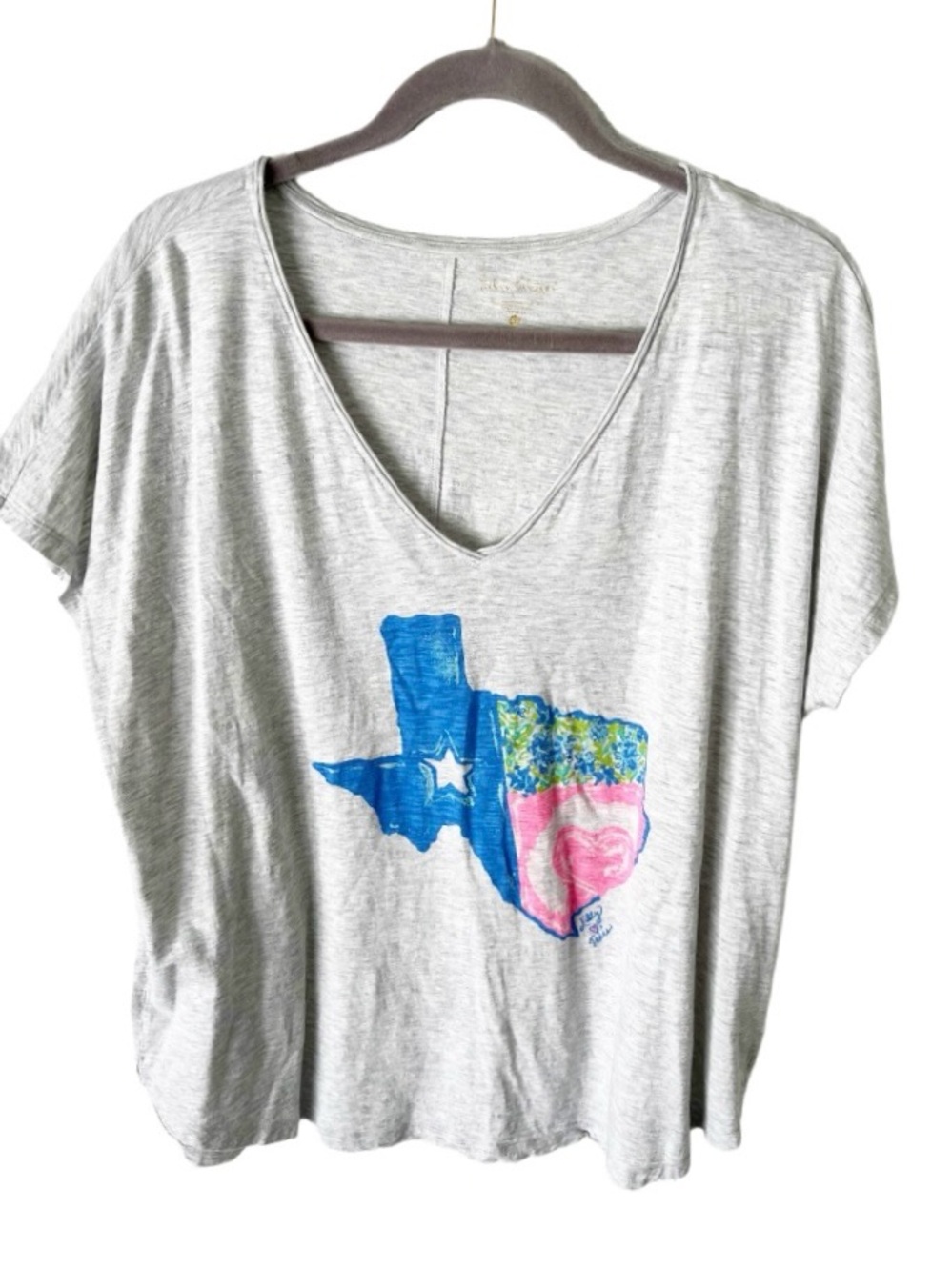 Lilly Pulitzer Shirt Women's XL Gray Burnout V Neck Love Texas Tee Preppy Casual